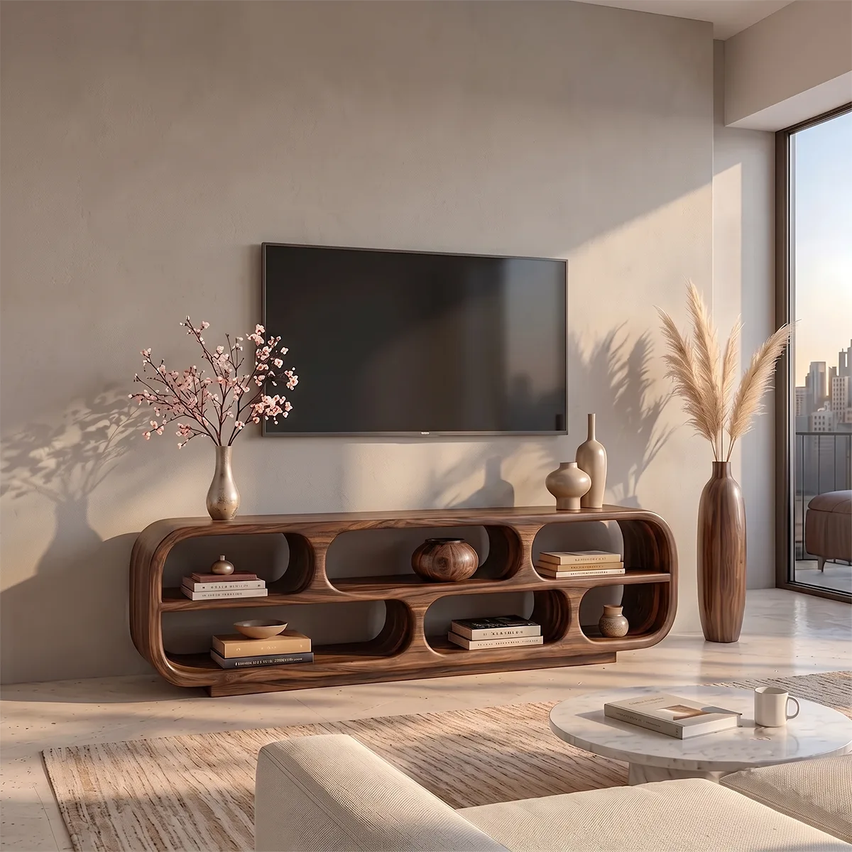 Sculptural Curved TV Stand with 6 Open Shelves | Modern Media Console