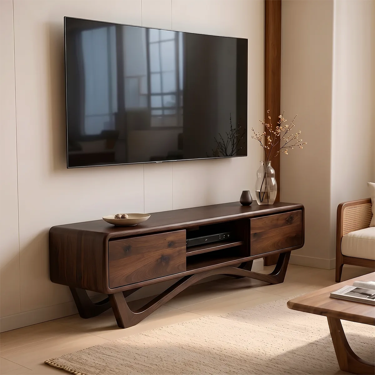 Modern TV Stand with 2 Cabinets & Open Shelves | Sculptural Media Console