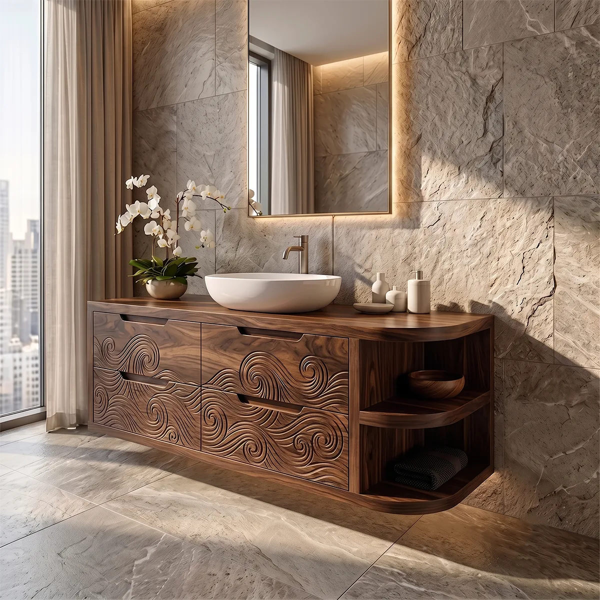 Floating Bathroom Vanity with Carved Wave Drawers & Curved Open Shelves | Modern Wall Mounted Vanity