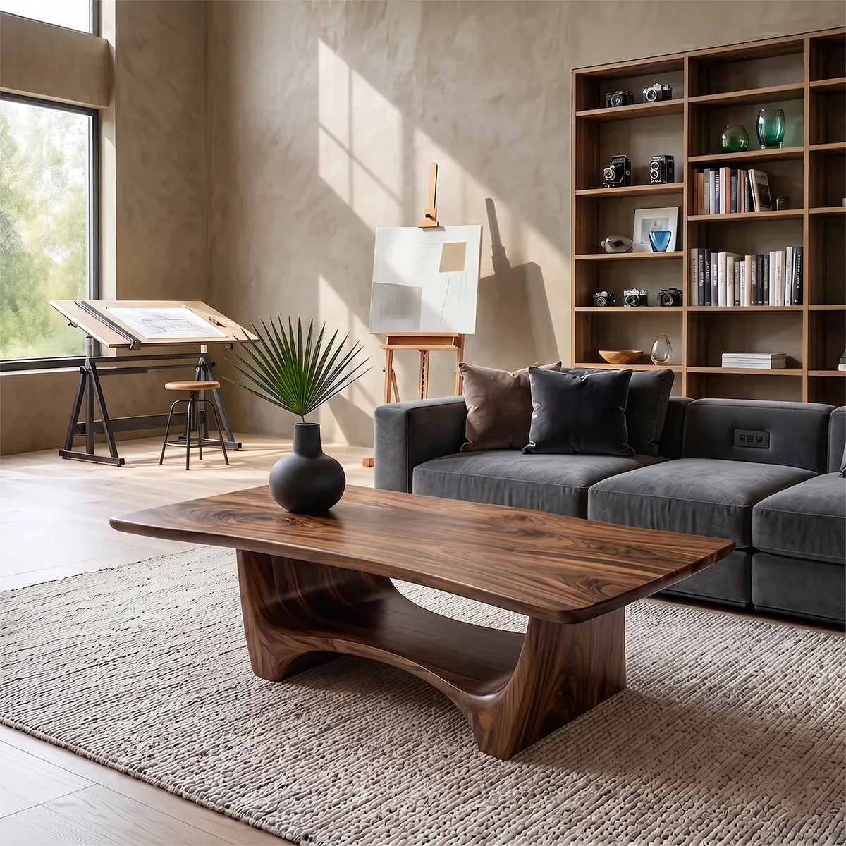 Organic Live Edge Coffee Table | Sculptural Waterfall Base Modern Living Room Table