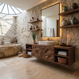 Floating Bathroom Vanity with Wave Carved Doors & Open Shelves | Modern Wall Mounted Vanity
