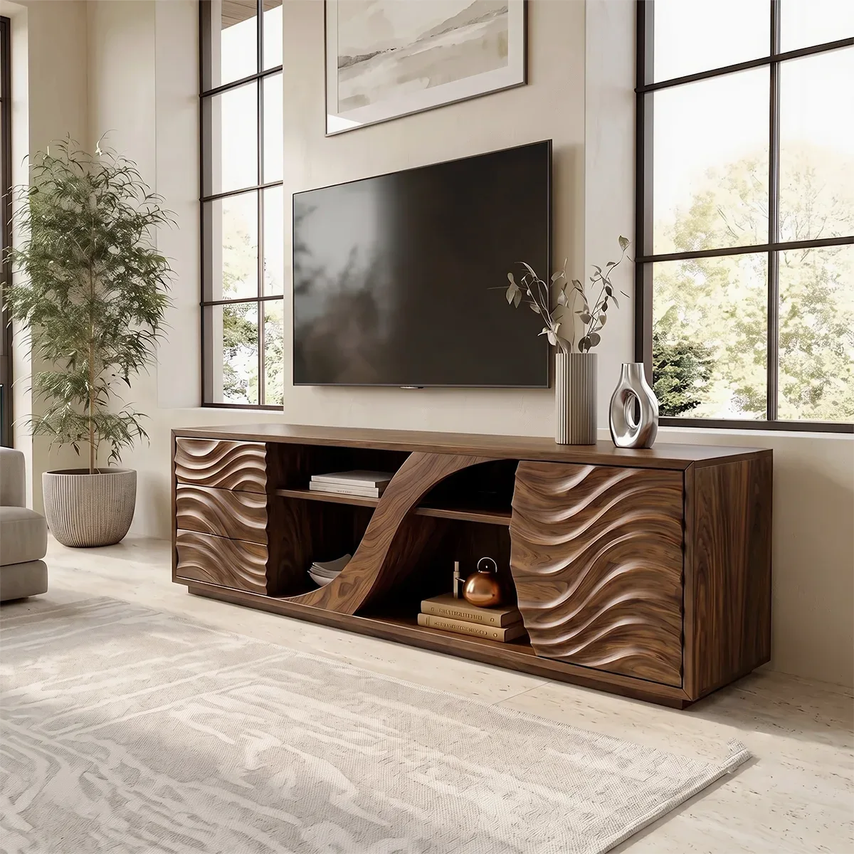 Wave Carved TV Stand with Drawers & Cabinet | Sculptural Media Console TH003-4MXF2YH