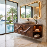 Sculptural Floating Bathroom Vanity with Artistic Wave Front & Open Side Shelves