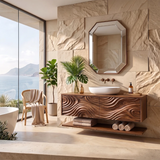 Floating Bathroom Vanity with Sculpted Wave Doors & Open Shelf | Modern Solid Wood Vanity TH003-9MII5QN