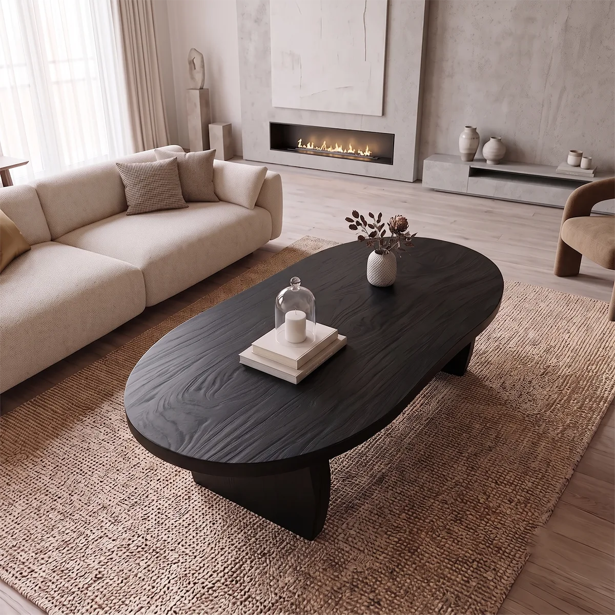 Large Oval Coffee Table with Sculptural Base | Modern Organic Living Room Center Table
