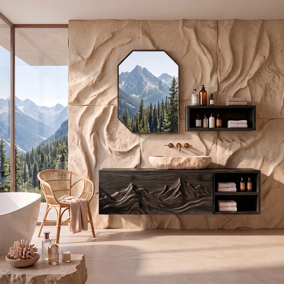Floating Bathroom Vanity with Mountain Carved Doors & Open Side Shelves TH003-3HMW2TU
