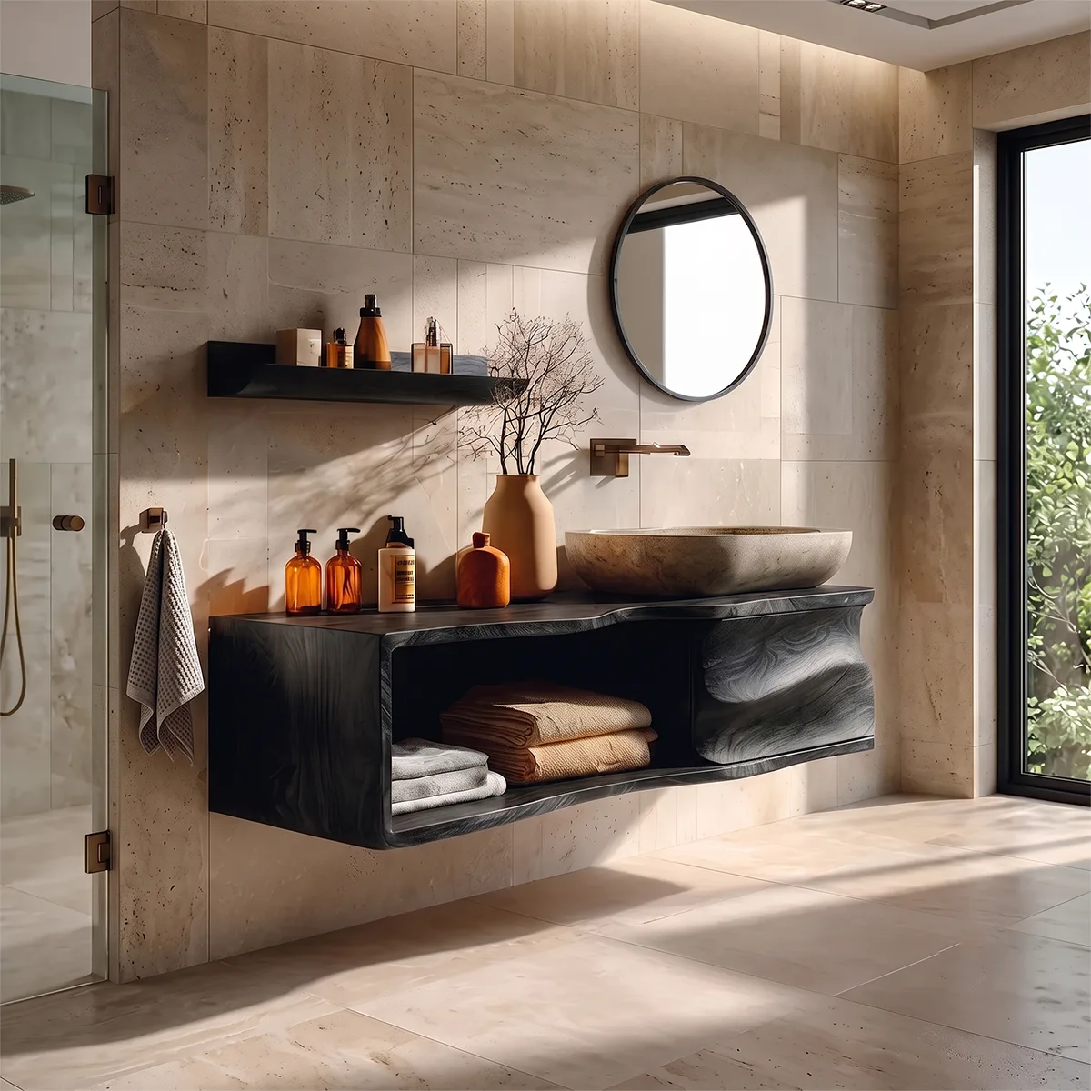 Floating Bathroom Vanity with Sculpted Cabinet & Open Shelf | Modern Wall Mounted Vanity