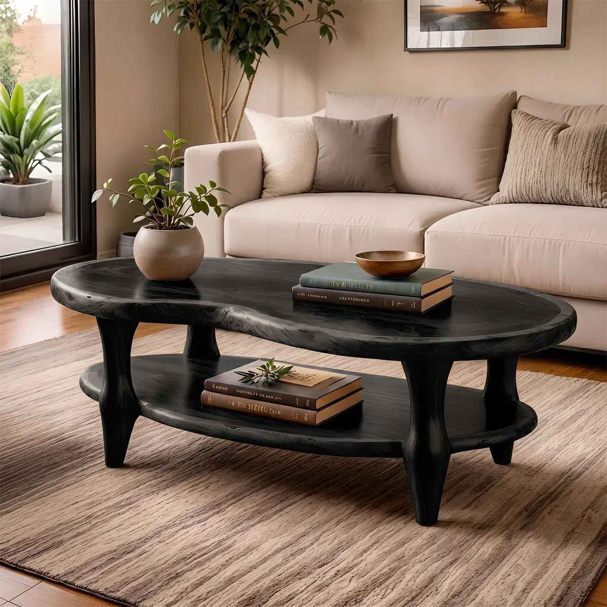 Organic Shape Coffee Table with Storage Shelf | Handcrafted Solid Wood Live Edge Table TT006-1025