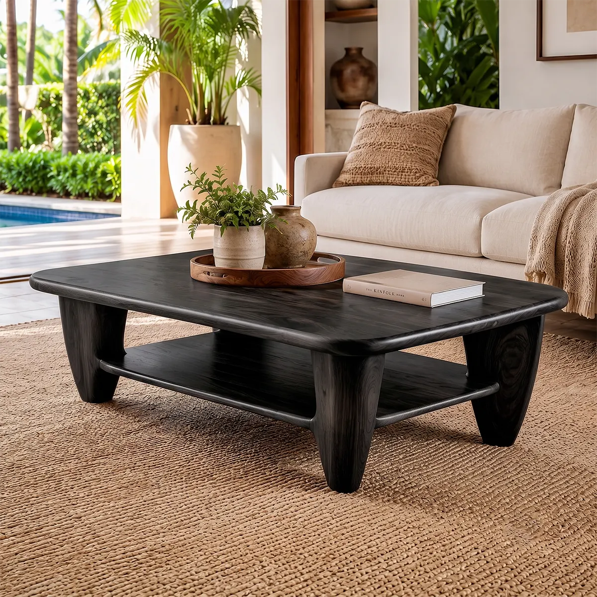 Rounded Rectangle Solid Wood Coffee Table with Storage Shelf | Modern Living Room Center Table TT006-3905