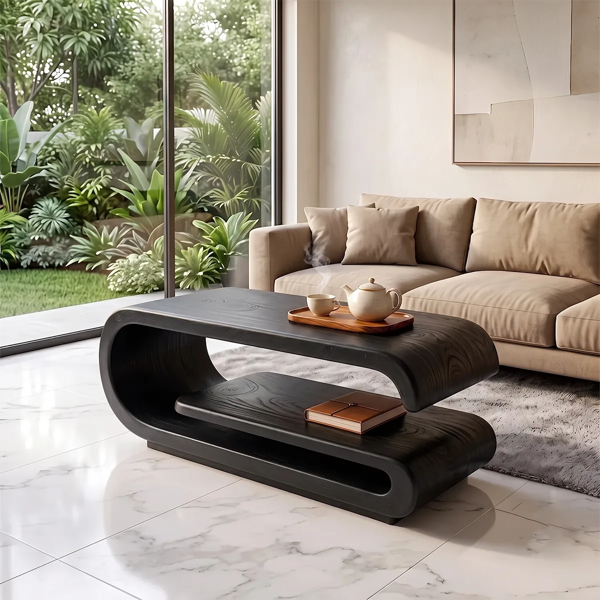 Modern Waterfall Coffee Table with Open Shelf | Contemporary Curved Center Table for Living Room TH003-6318