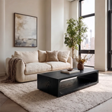 Modern Rectangular Coffee Table with Open Shelf | Rounded Sculptural Design