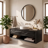 Floating Bathroom Vanity with 2 Sculpted Wave Drawers & Large Open Storage Shelf