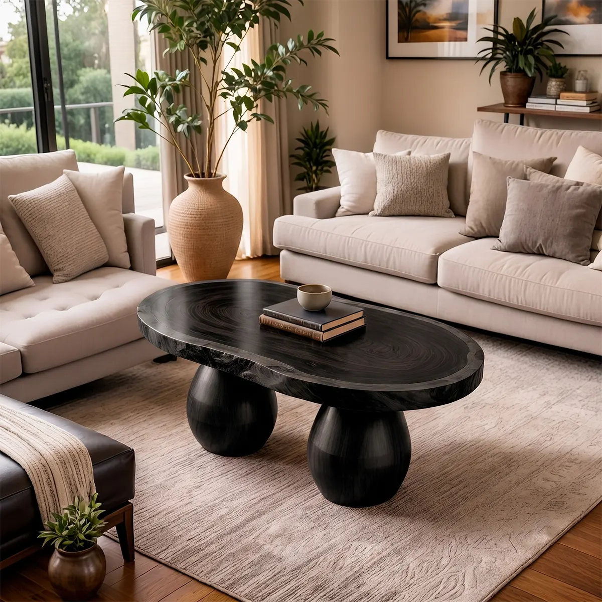 Live Edge Oval Solid Wood Coffee Table with Double Pedestal Base | Handcrafted Statement Table TT006-4285