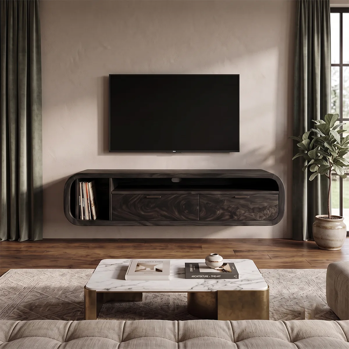Floating TV Stand with 2 Drawers & Open Storage | Modern Media Console TH003-7DOM5TA