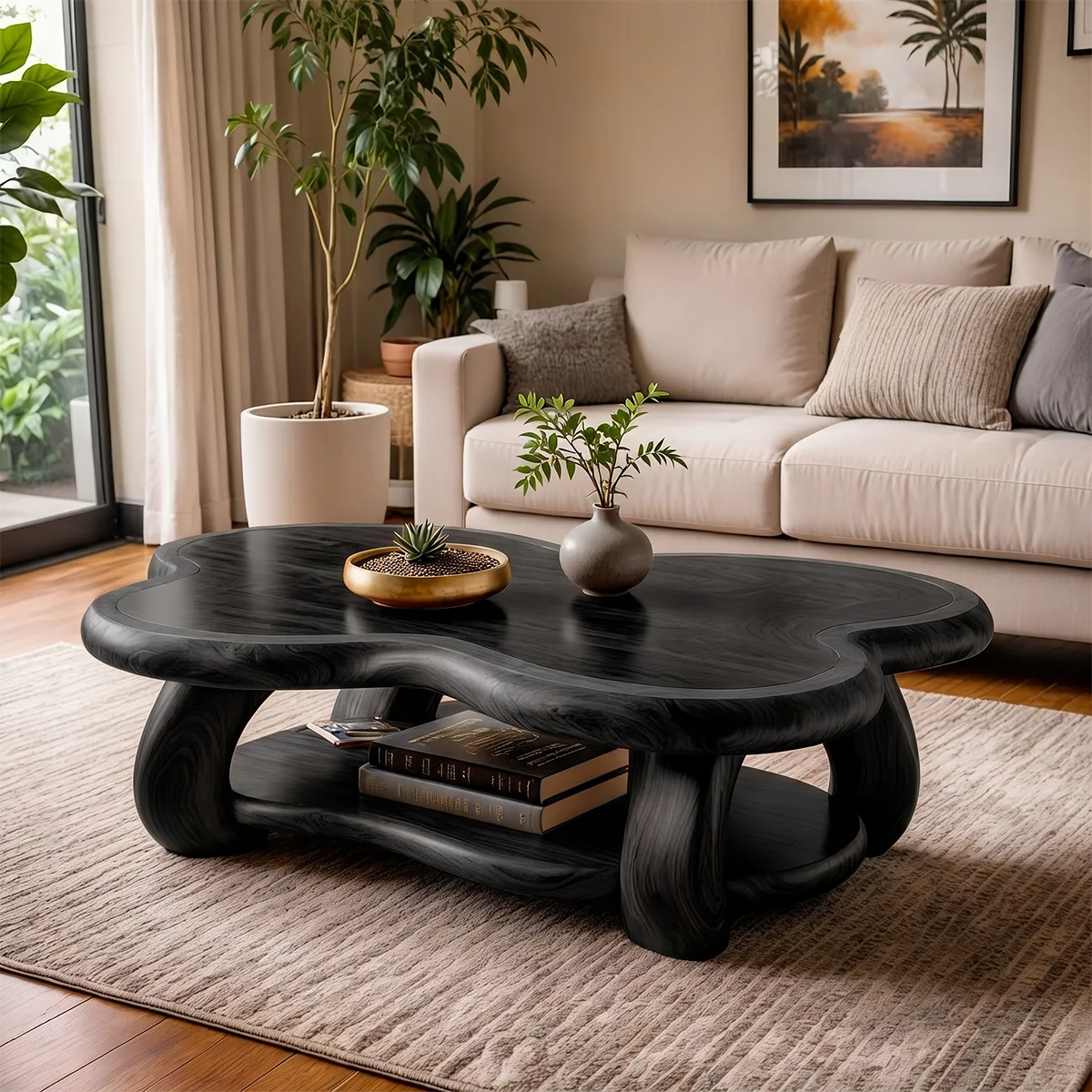 Organic Solid Wood Coffee Table with Storage Shelf | Freeform Modern Center Table TT006-7456