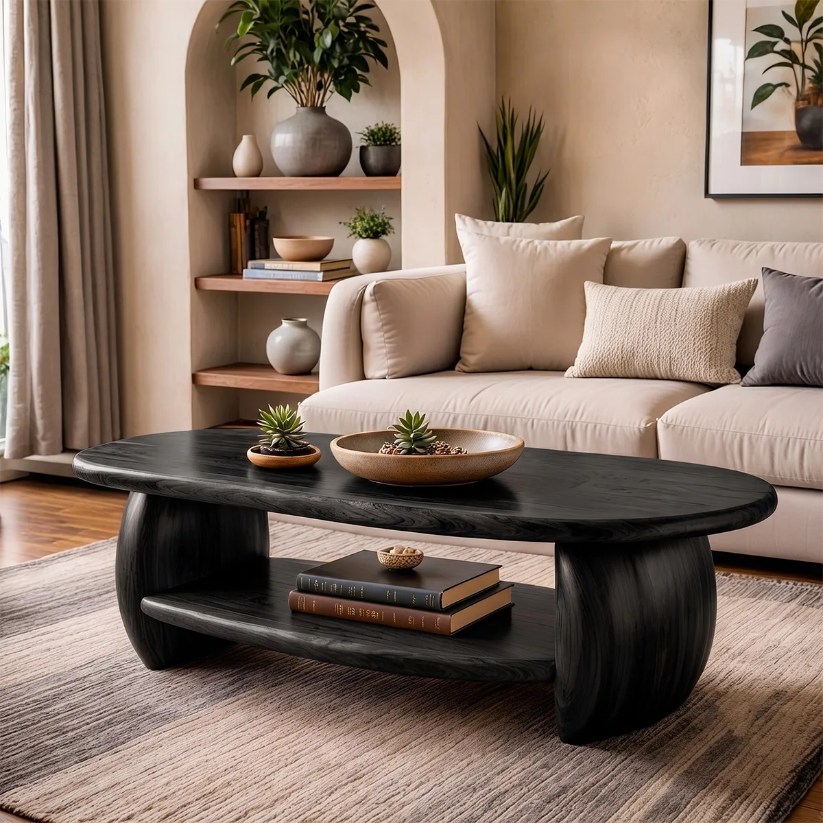 Oval Solid Wood Coffee Table with Storage Shelf | Modern Living Room Center Table TT006-1935