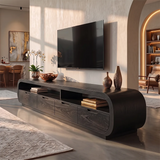 Rounded TV Stand with 4 Drawers & Open Shelves | Modern Media Console