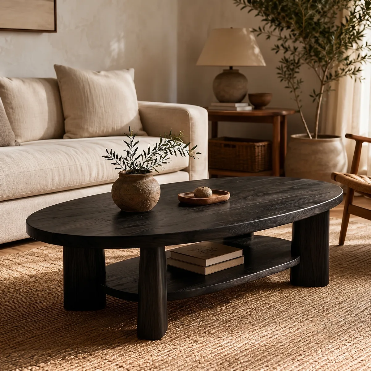 Oval Solid Wood Coffee Table with Storage Shelf | Modern Living Room Center Table TT006-2154