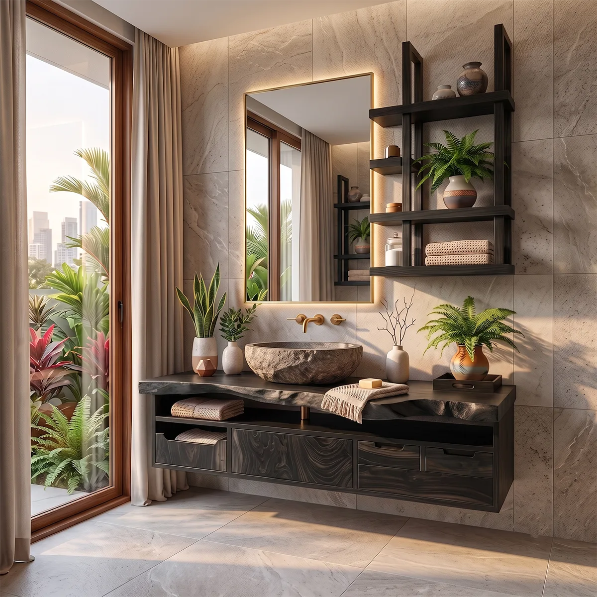 Organic Live Edge Floating Bathroom Vanity with Open Storage & Multi-Drawer Cabinet TH003-3OXF9BY