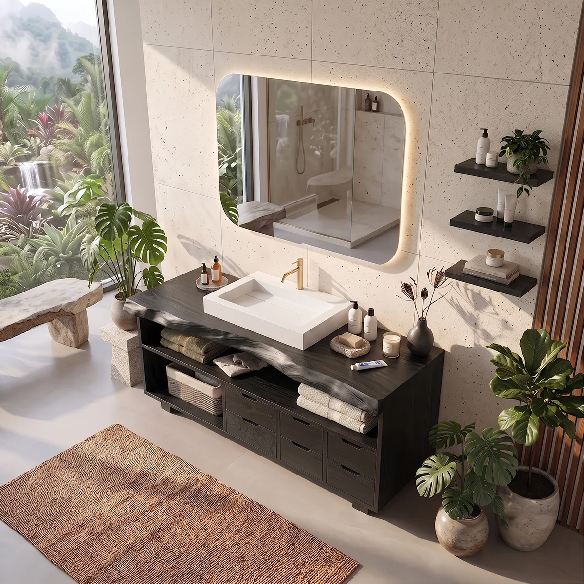 Live Edge Bathroom Vanity with Open Shelving & Multi-Drawer Storage TH003-9EZH8IM