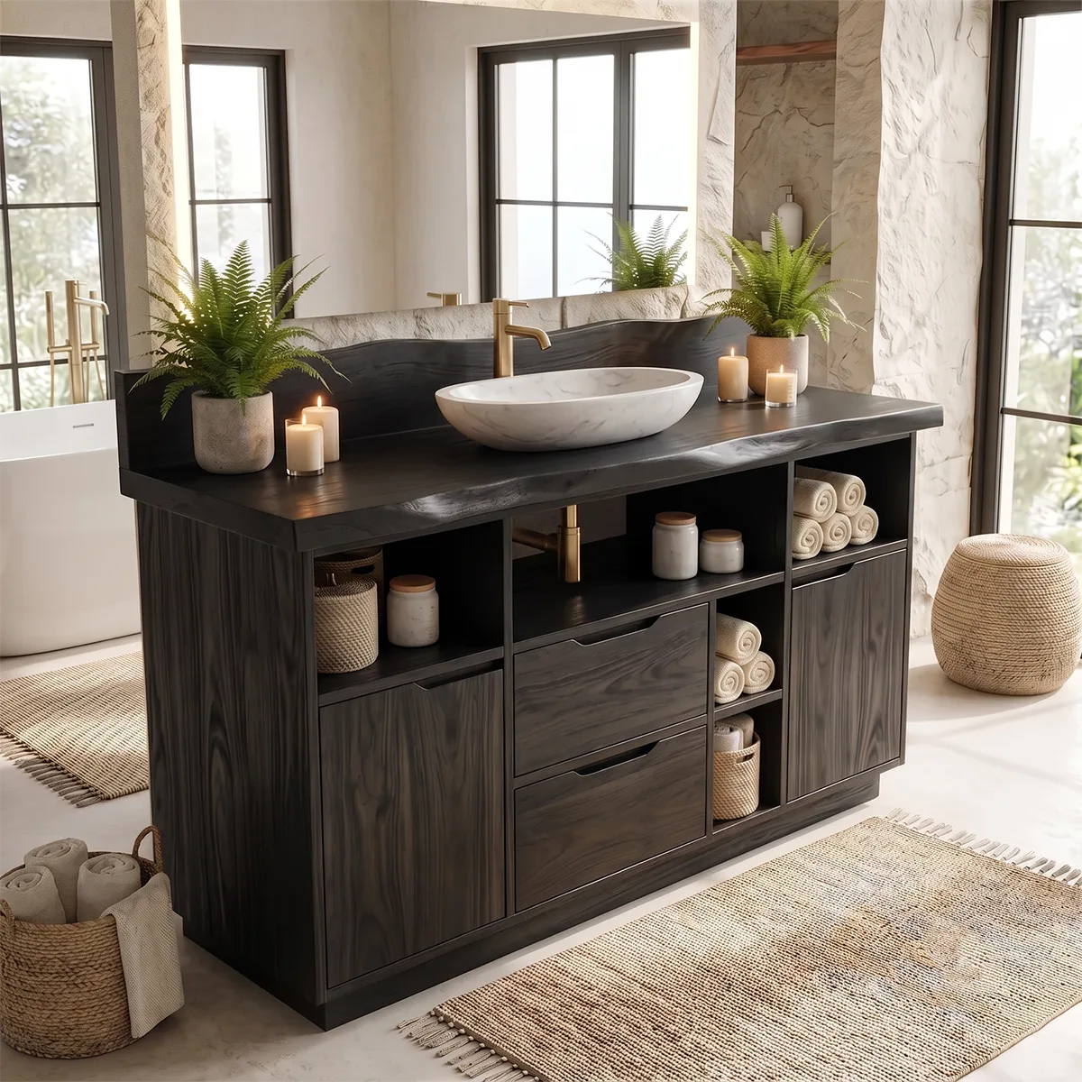 Freestanding Live Edge Bathroom Vanity with Drawers, Cabinets & Open Storage | Modern Wood Vanity