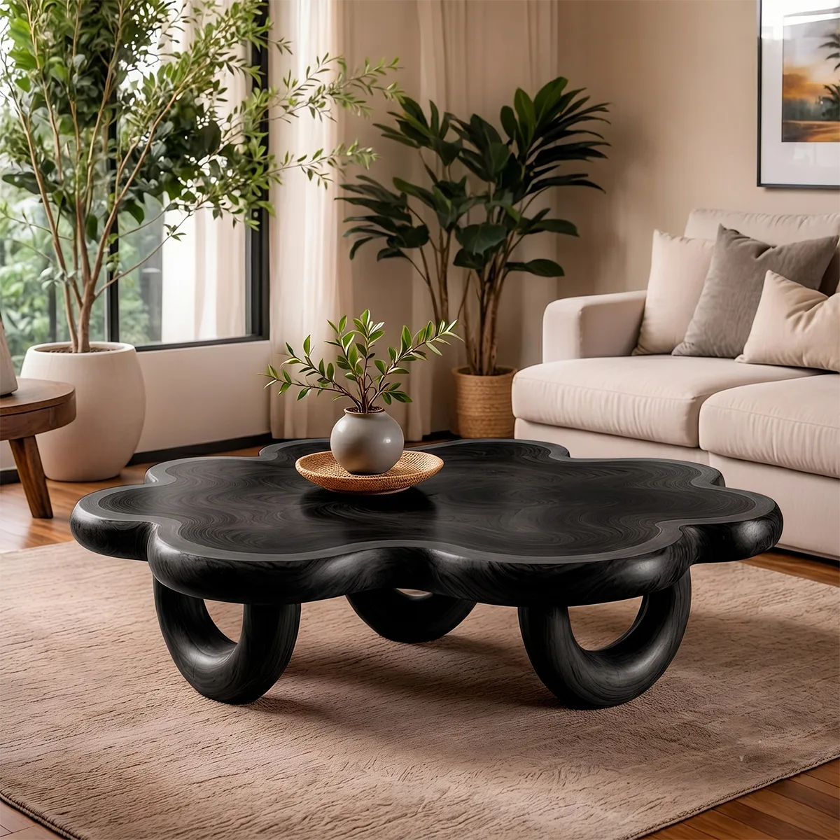 Organic Solid Wood Coffee Table | Sculptural Flower-Shaped Modern Center Table TT006-3040