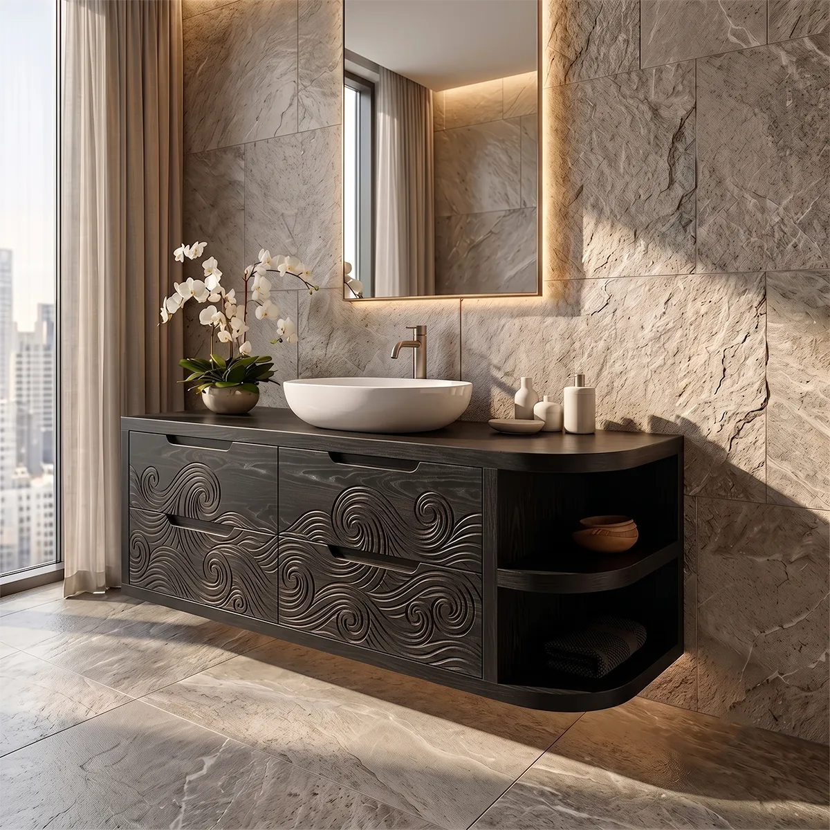 Floating Bathroom Vanity with Carved Wave Drawers & Curved Open Shelves | Modern Wall Mounted Vanity