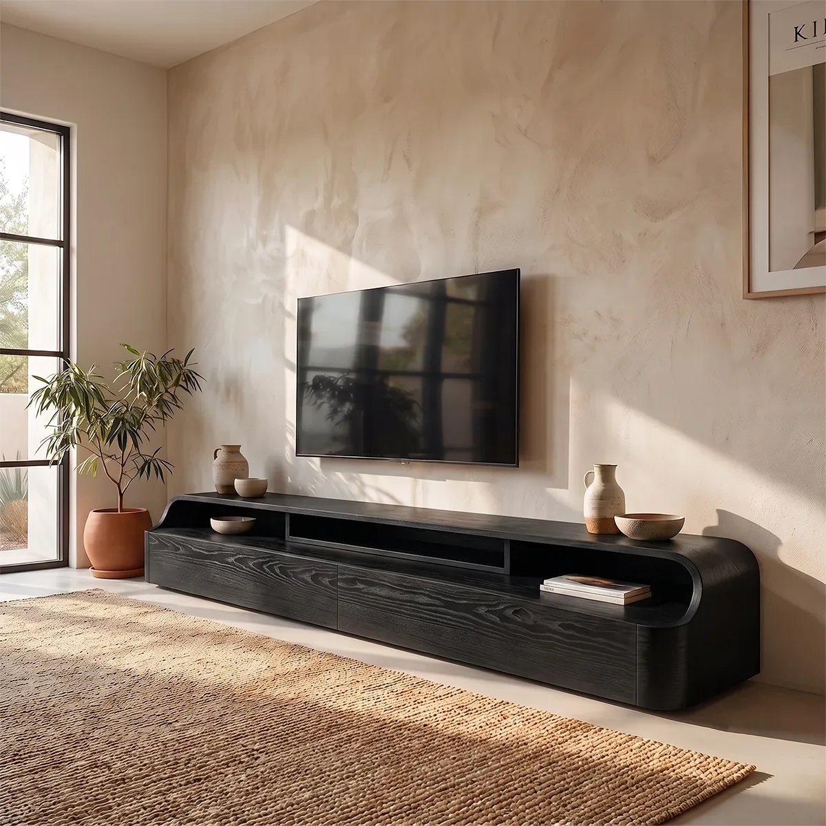 Modern Low Profile TV Stand with 2 Drawers & Open Media Shelves