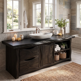 Live Edge Bathroom Vanity with Drawers, Cabinet & Open Shelves | Freestanding Rustic Modern Vanity