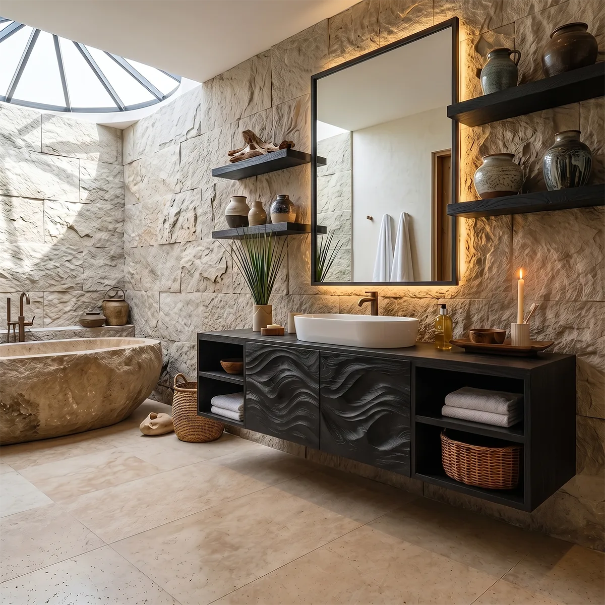 Floating Bathroom Vanity with Wave Carved Doors & Open Shelves | Modern Wall Mounted Vanity