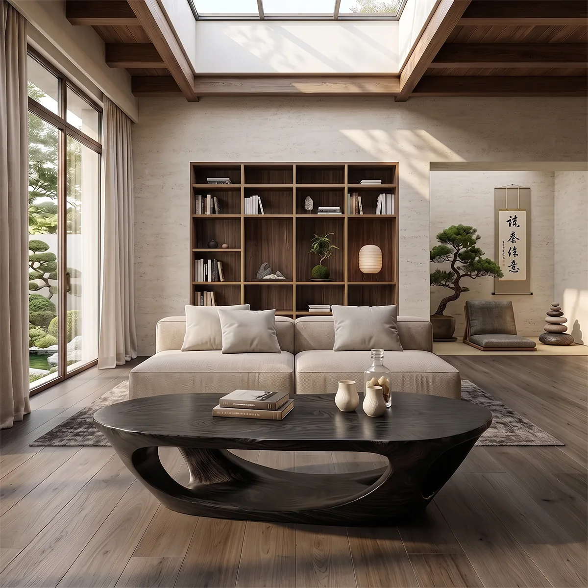 Sculptural Organic Coffee Table with Open Shelf | Modern Curved Living Room Center Table