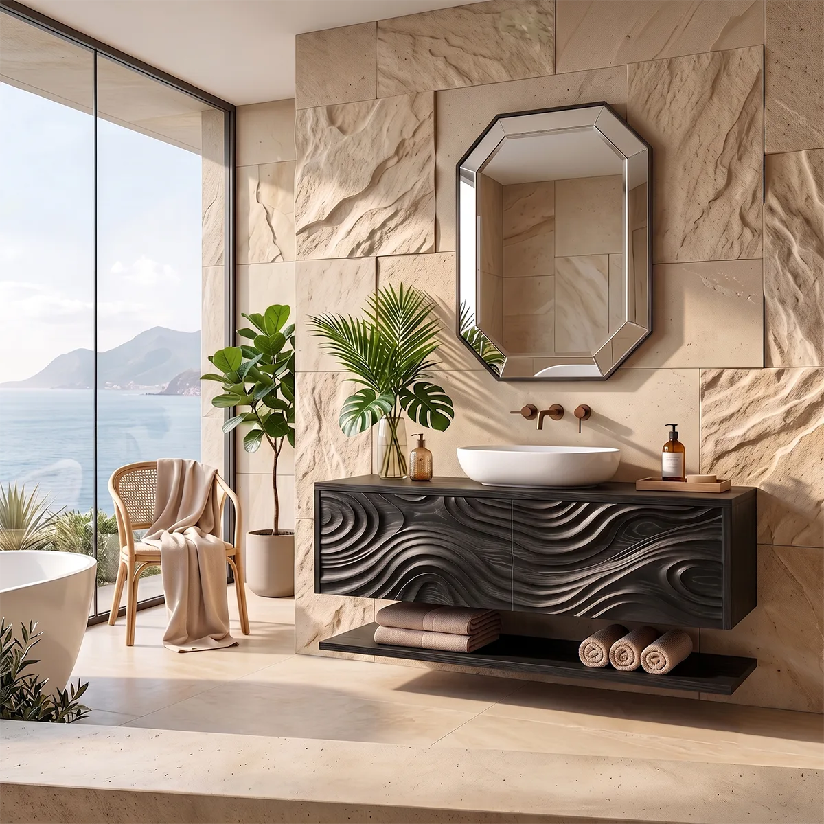 Floating Bathroom Vanity with Sculpted Wave Doors & Open Shelf | Modern Solid Wood Vanity TH003-9MII5QN