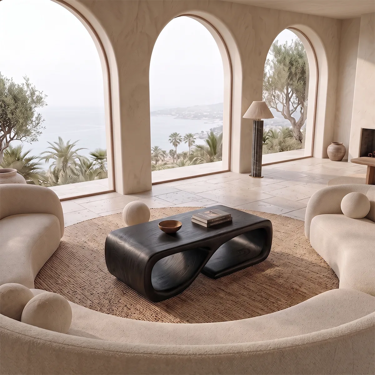 Sculptural Rectangular Coffee Table with Open Shelf | Organic Modern Rounded Center Table