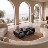 Sculptural Rectangular Coffee Table with Open Shelf | Organic Modern Rounded Center Table