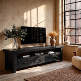 Modern TV Stand with 3 Drawers & Open Shelf | Long Low Profile Media Console