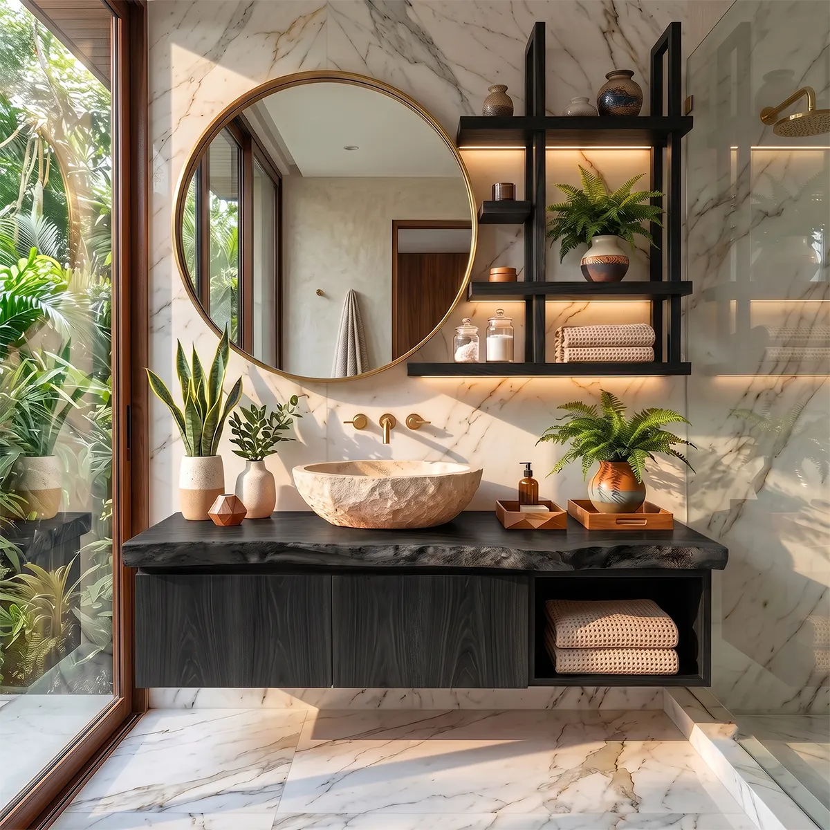Floating Solid Wood Bathroom Vanity with Double-Door Cabinet & Open Shelf | Wall Mounted Live Edge Bathroom Vanity TT006-4KRU4XR