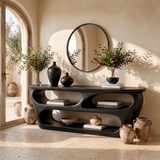 Modern Wooden Console Table with Open Shelves & Sculptural Organic Design TT006-5635