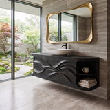 Modern Floating Bathroom Vanity with Wave Carved Doors & Open Shelves | Solid Wood Wall Mounted Bathroom Vanity TT006-8NEC3KF