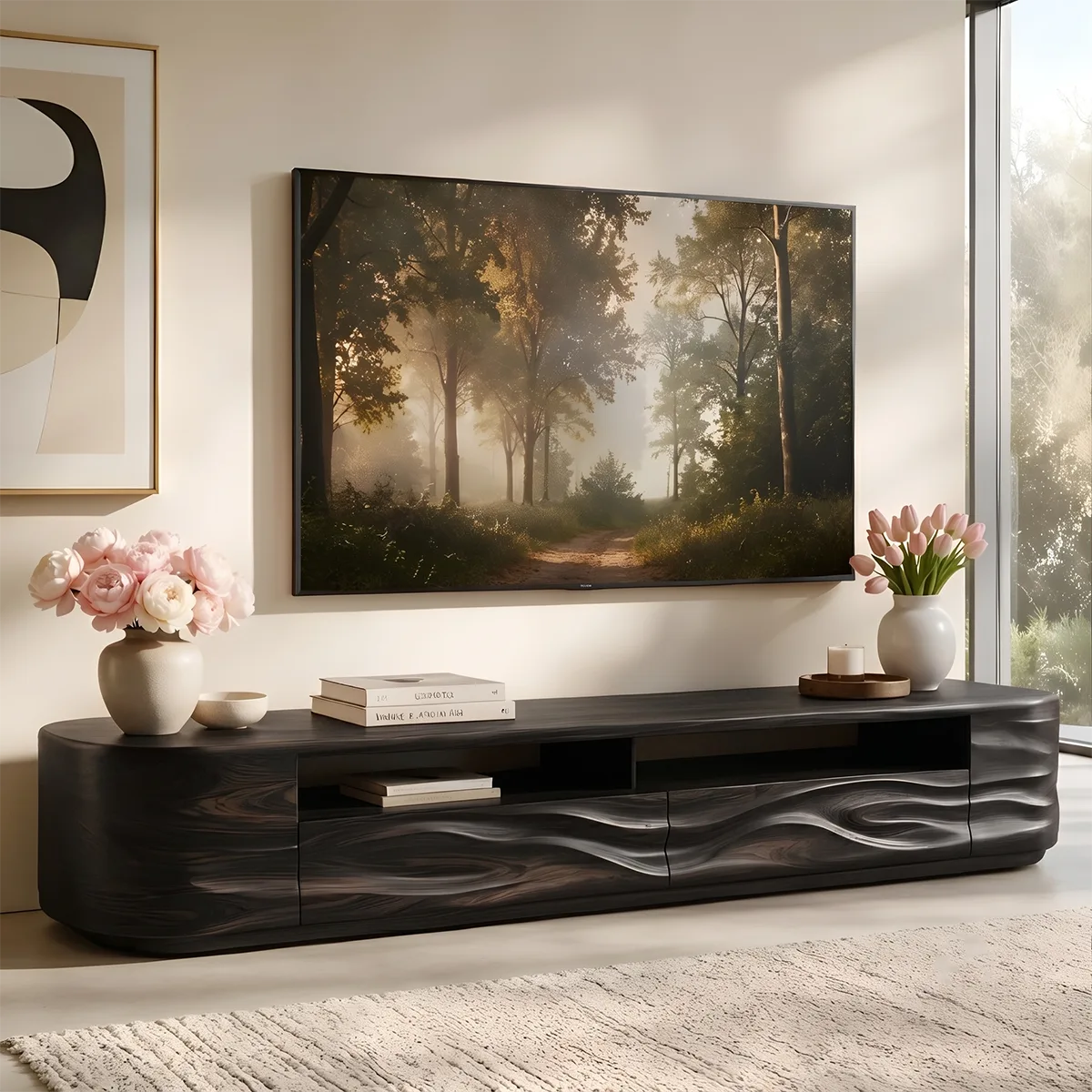 Modern TV Stand with Open Display Shelf & Wave Front Drawers TT006-6OLZ4XW