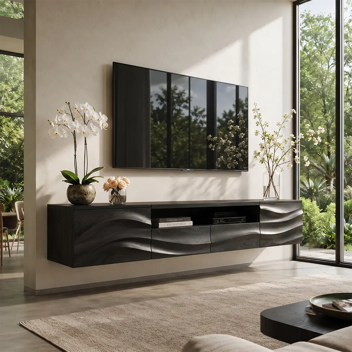 Organic Modern Floating TV Stand with Dual Cabinets, Open Shelf & Double Drawers TT006-5QDJ5ZW