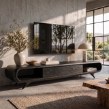 Sculptural Curved TV Stand with Open Shelves & Concealed Storage | Modern Low Profile Media Console