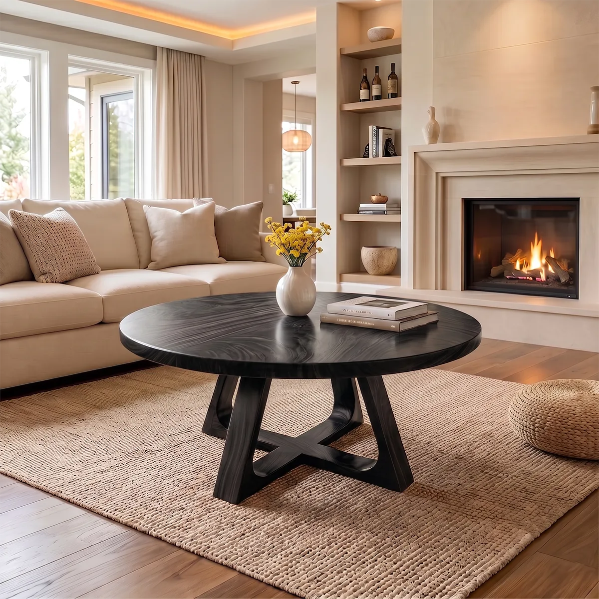 Round Wood Coffee Table with Sculptural Geometric Base | Modern Organic Center Table