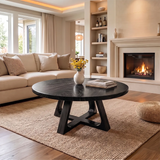 Round Wood Coffee Table with Sculptural Geometric Base | Modern Organic Center Table