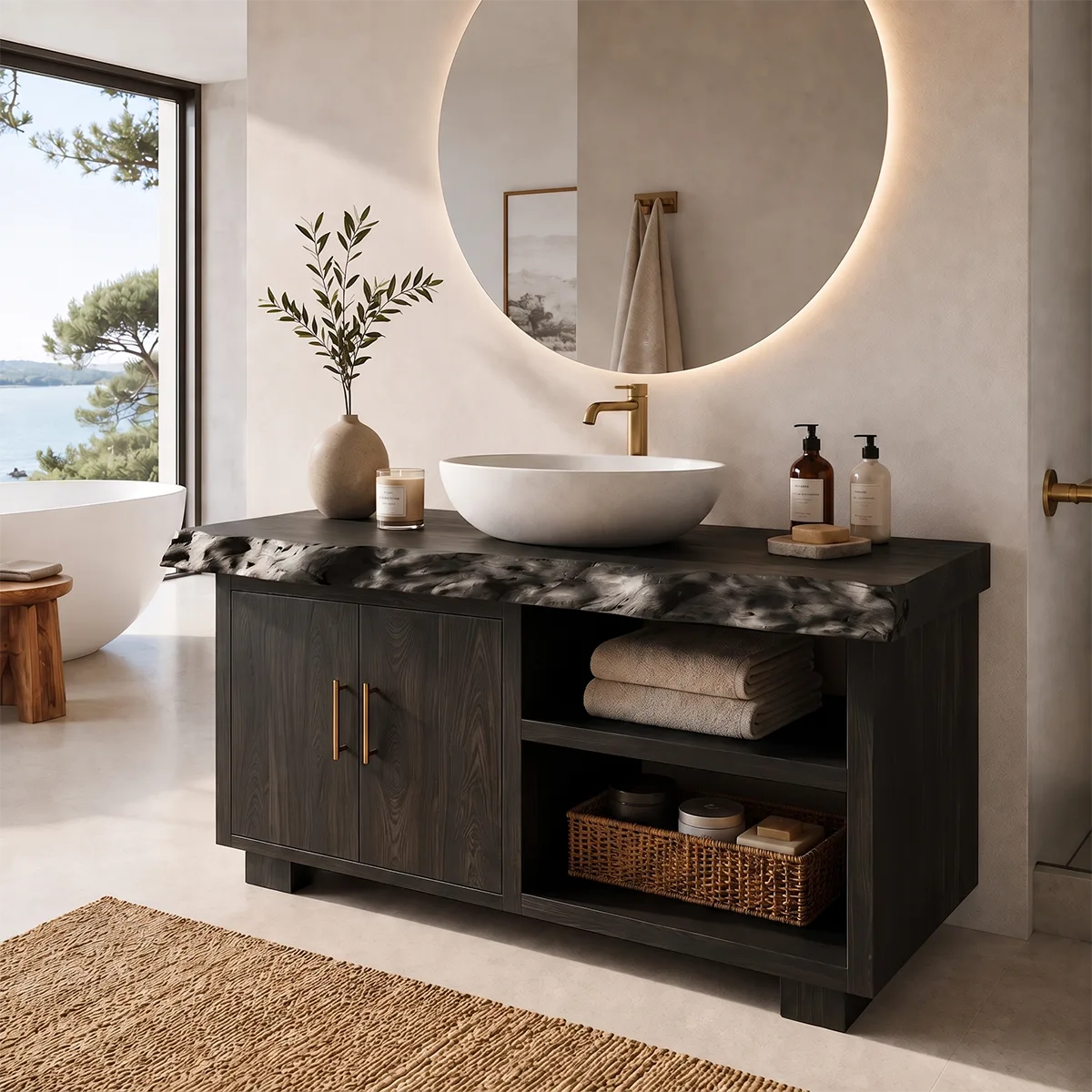 Freestanding Bathroom Vanity with 2 Doors & Open Shelves | Live Edge Vanity Cabinet with Storage