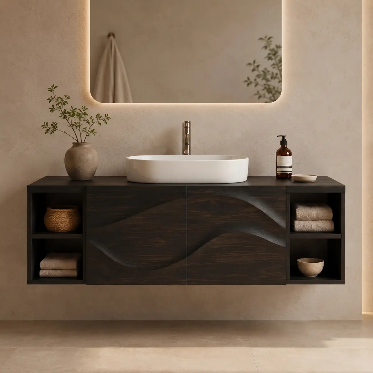 Floating Bathroom Vanity with 2 Carved Wave Doors & 4 Open Storage Compartments