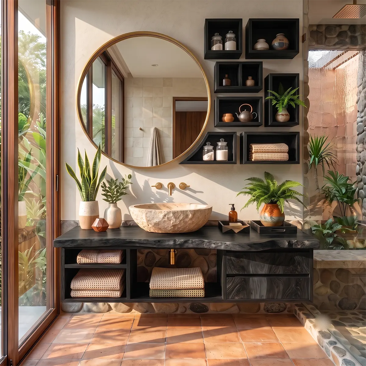 Floating Live Edge Bathroom Vanity with Storage Cubbies & Drawers | Solid Wood Wall Mounted Bathroom Vanity TT006-6OOZ2DD