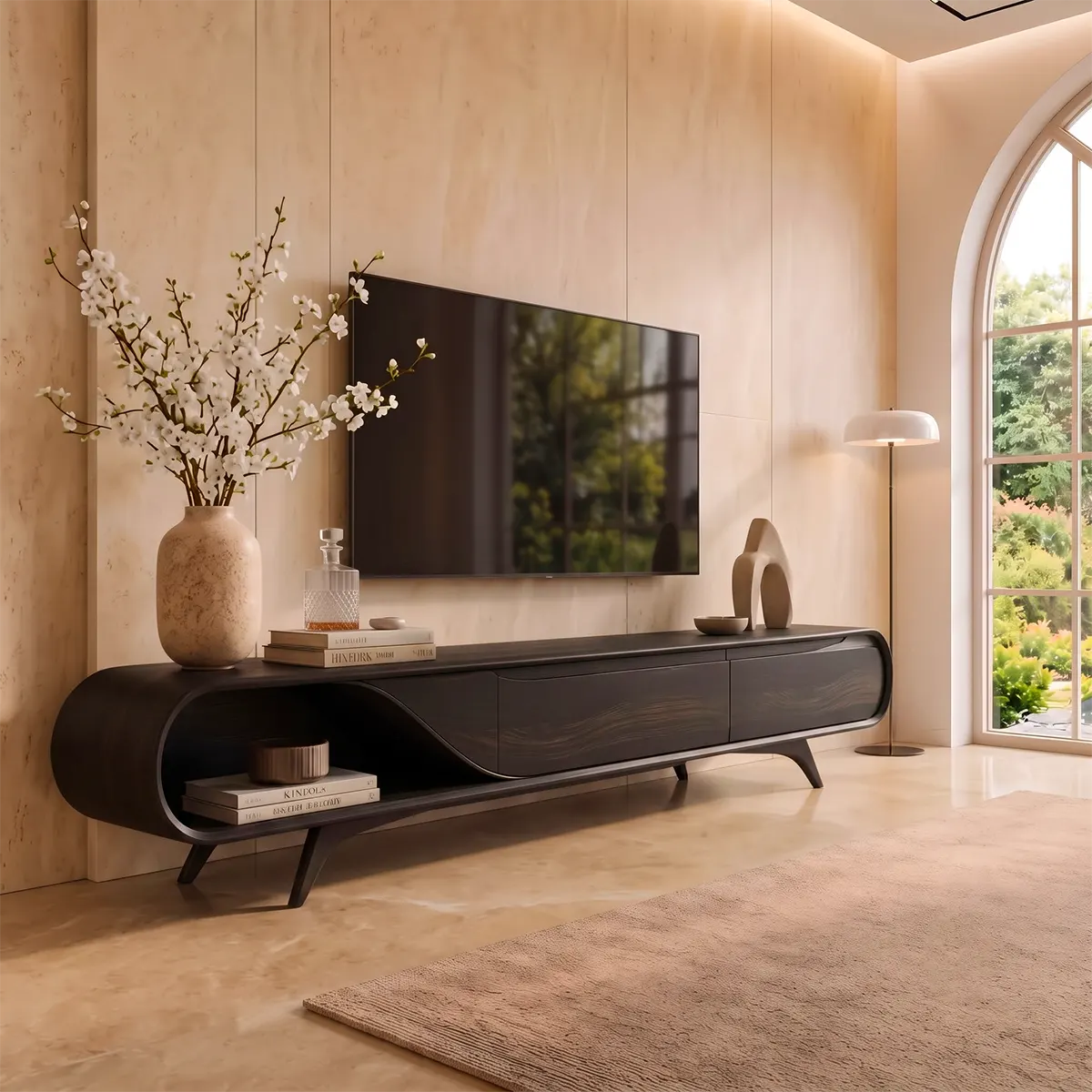 Sculptural Curved TV Stand with 2 Concealed Storage Compartments & Open Shelf | Modern Media Console