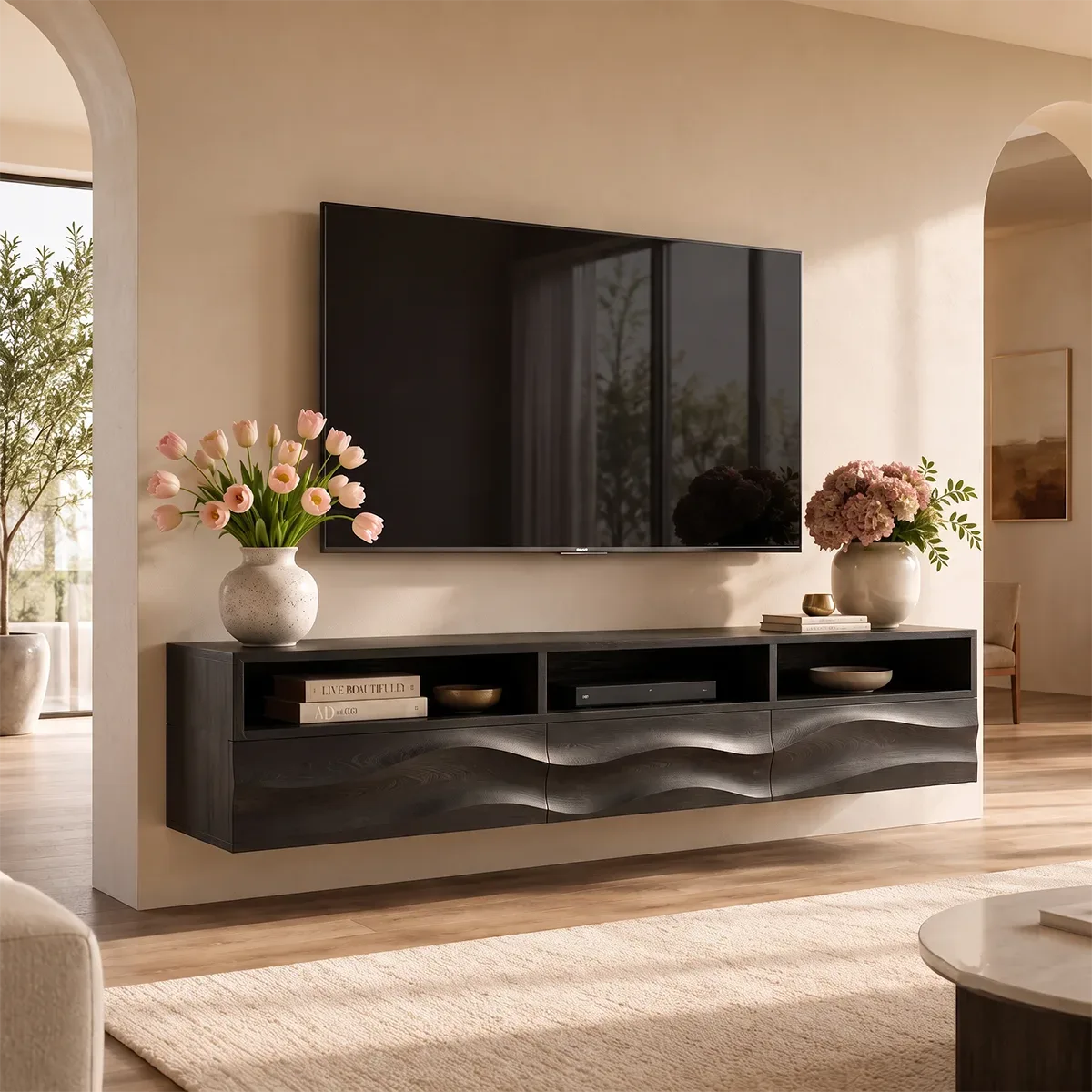 Floating TV Stand with Open Shelving & Three Drawers | Organic Modern Media Console TT006-5IOW6DK