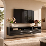 Floating TV Stand with Open Shelving & Three Drawers | Organic Modern Media Console TT006-5IOW6DK