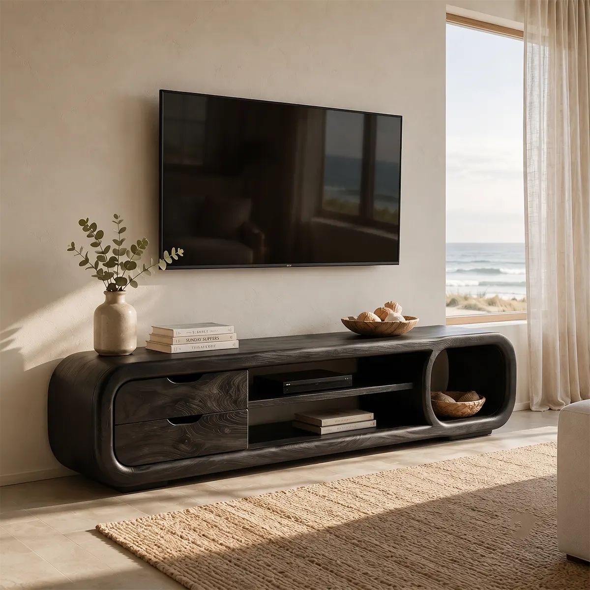 Sculptural Curved TV Stand with 2 Drawers & Open Shelves | Modern Low Profile Media Console